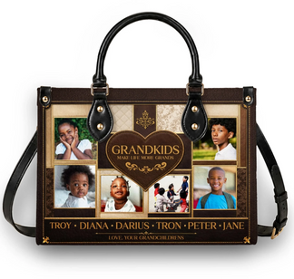 Customized handbag for grandma displaying multiple photos of grandchildren and a heartfelt quote for a family gift.