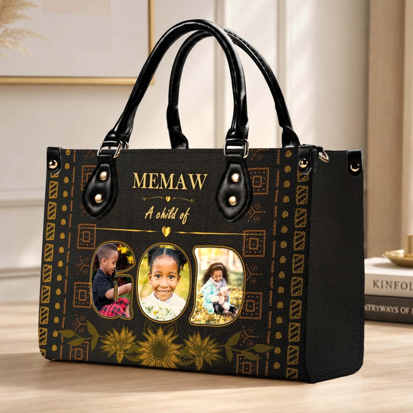 Personalized brown faux leather handbag with sunflower accents and custom photo slots for a heartfelt grandma gift.