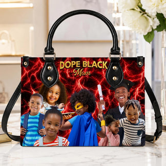A stylish personalized handbag for mom displaying custom family photos and a Dope Black Mom theme on a bold red background.