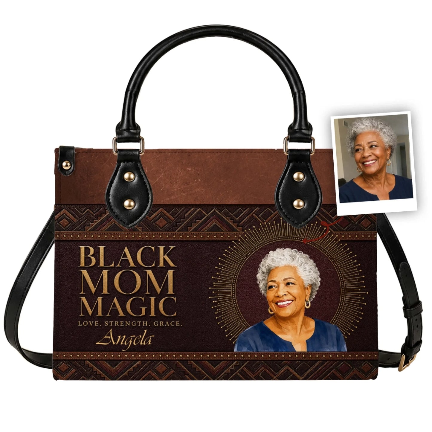 Brown personalized handbag with Black Mom Magic text, custom name Angela, and a mother's photo as a thoughtful gift.