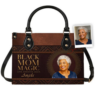 Brown personalized handbag with Black Mom Magic text, custom name Angela, and a mother's photo as a thoughtful gift.