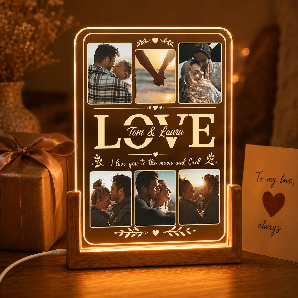 Custom romantic LED night light featuring six photos and the names Tom and Laura for a personalized anniversary gift.