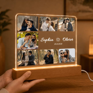 Hand holding a personalized acrylic LED plaque with seven couple photos names and date as a romantic anniversary gift.