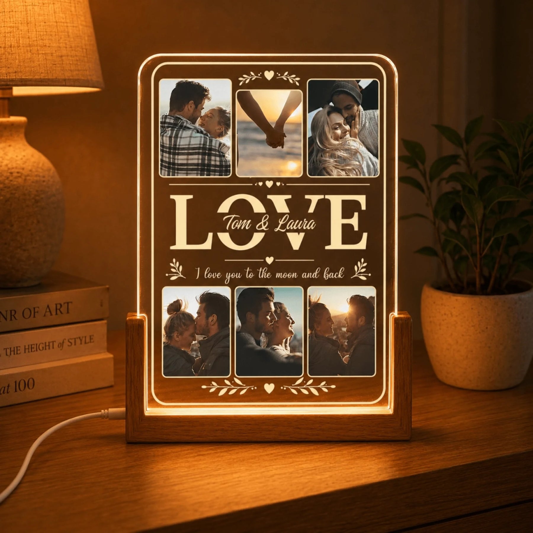 Personalized LED acrylic plaque featuring six custom photos and the quote I love you to the moon and back for couples.