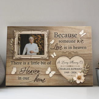 Personalized sympathy canvas art with custom photo heart graphic floral accents and memorial text for home decor.