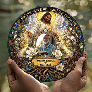 Round stained glass memorial suncatcher displaying a personalized photo, memorial dates, and an illustration of Jesus Christ.