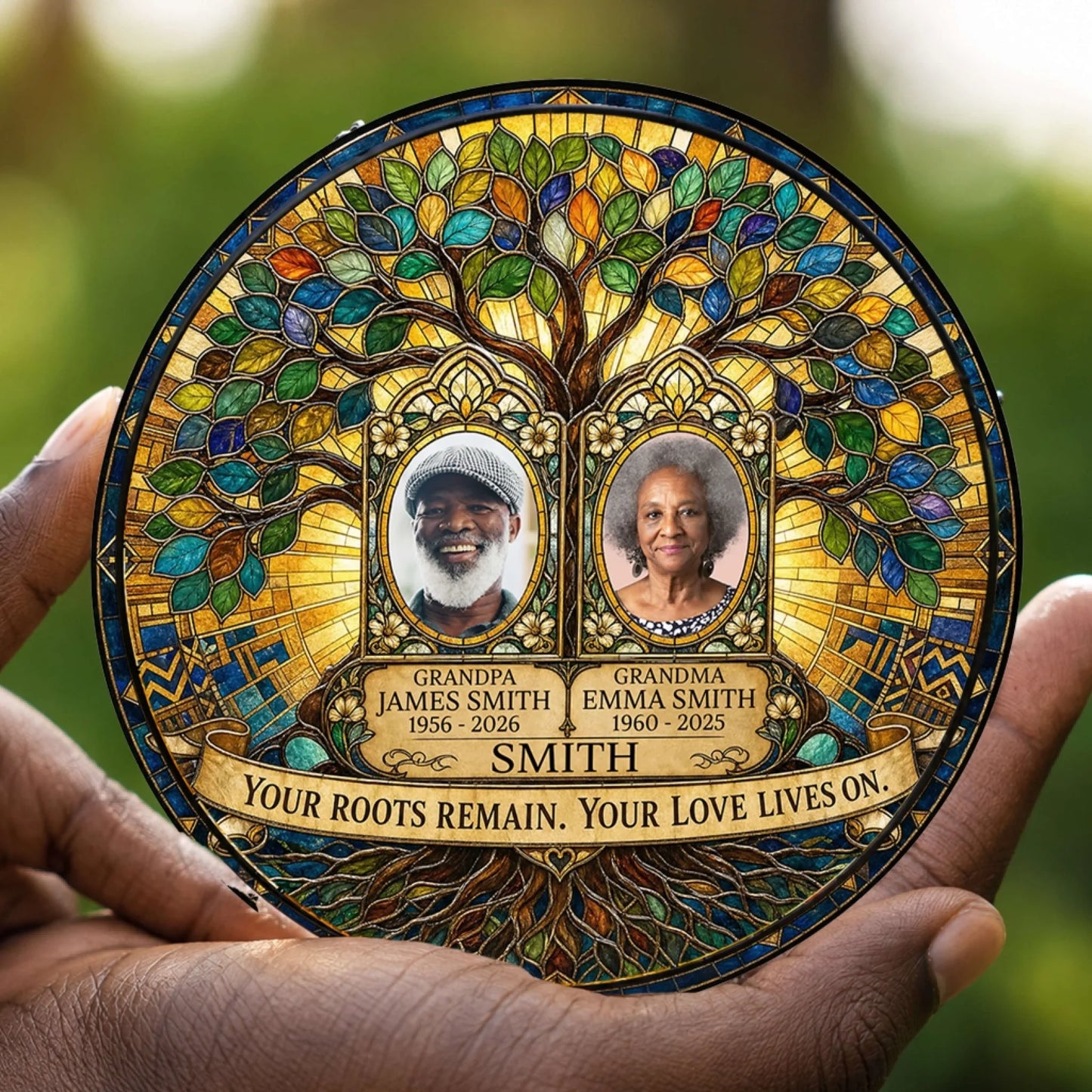Personalized memorial suncatcher with family tree design, custom couple portraits, and names, created as a meaningful sympathy gift