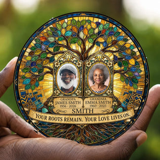 Personalized memorial suncatcher with family tree design, custom couple portraits, and names, created as a meaningful sympathy gift