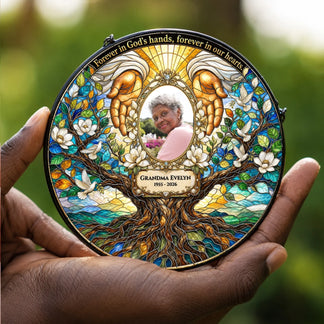 Custom memorial stained glass suncatcher featuring Grandma Evelyn, tree of life motif, and spiritual sympathy message.