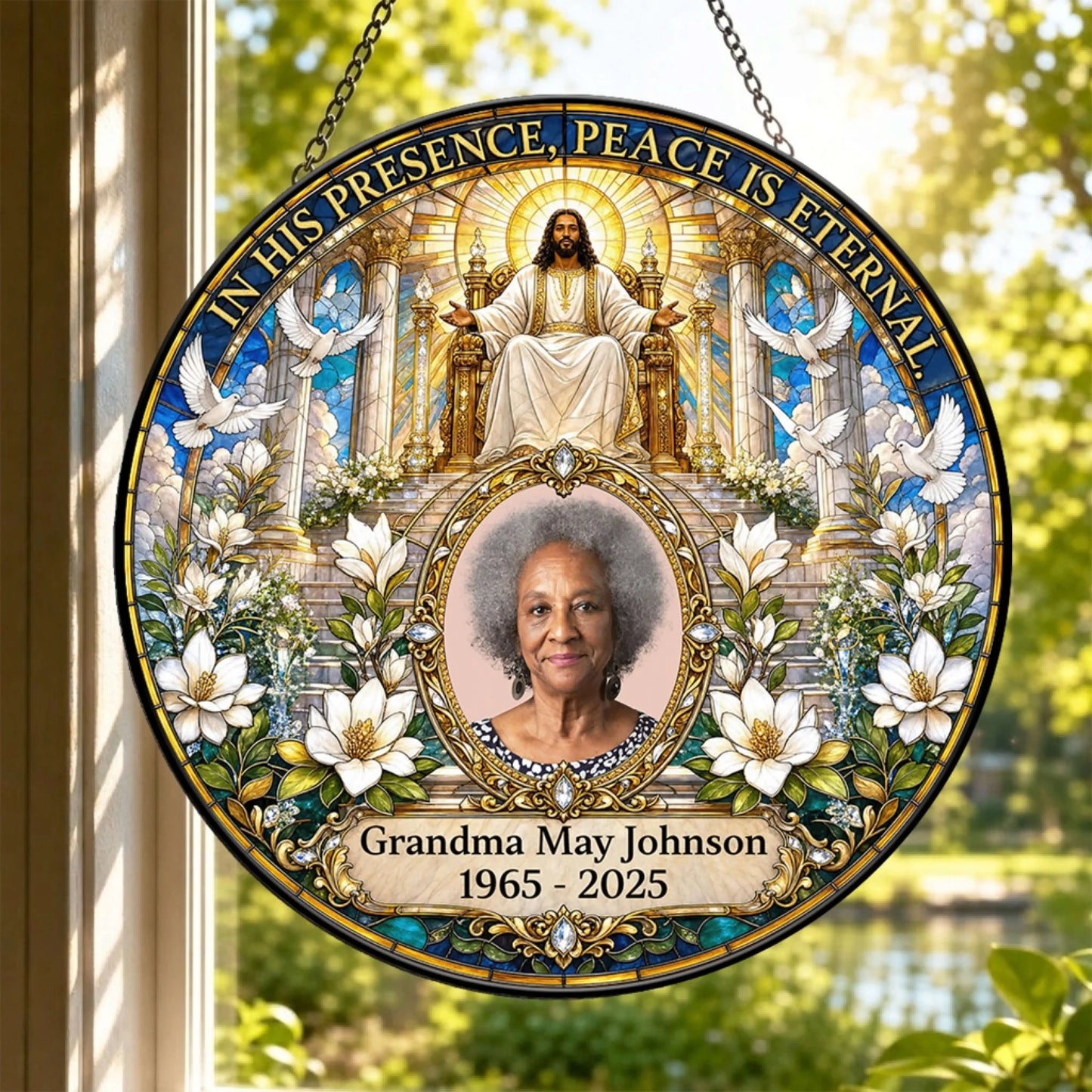 Decorative round memorial suncatcher with custom name and photo featuring Jesus and religious art for sympathy keepsake.
