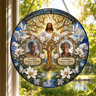 Personalized sympathy suncatcher with Jesus, floral art, and two custom photos for a meaningful memorial gift.