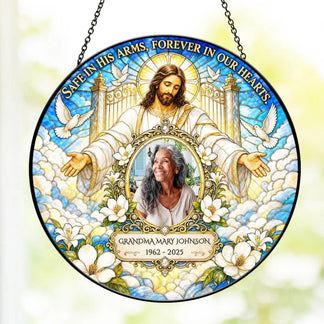 Personalized memorial suncatcher with custom photo and dates to honor a lost loved one with religious art