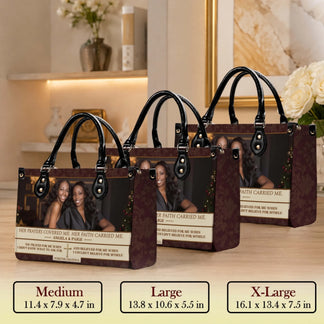 Three sizes of personalized memorial handbags displaying a custom photo and religious quote for loved ones.