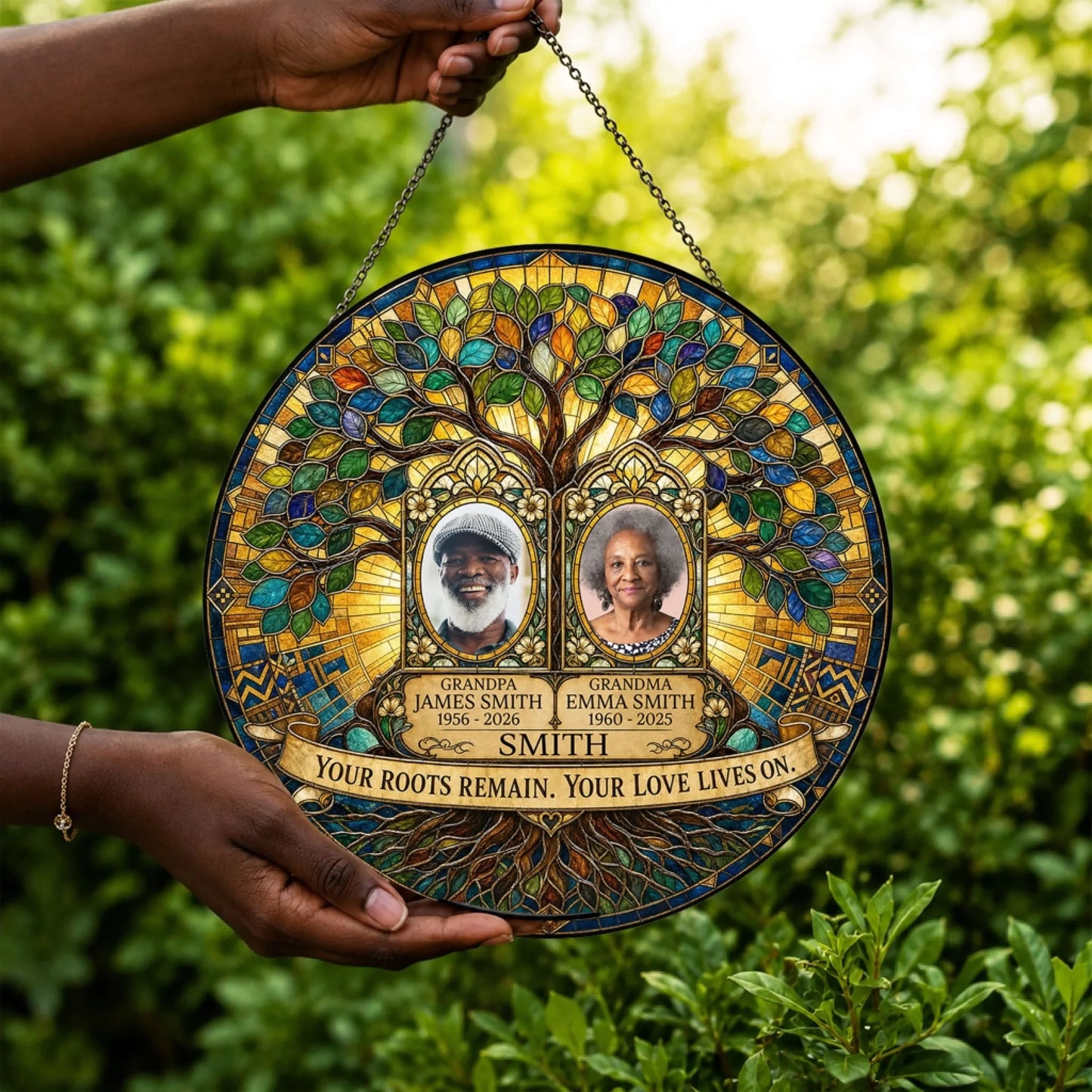 Personalized sympathy gift suncatcher with two photo frames and remembrance text to honor lost loved ones.