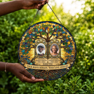 Personalized sympathy gift suncatcher with two photo frames and remembrance text to honor lost loved ones.