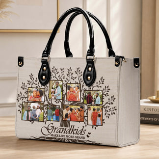 Personalized tote bag for grandparents featuring a family tree design with multiple custom photos and heartfelt text.