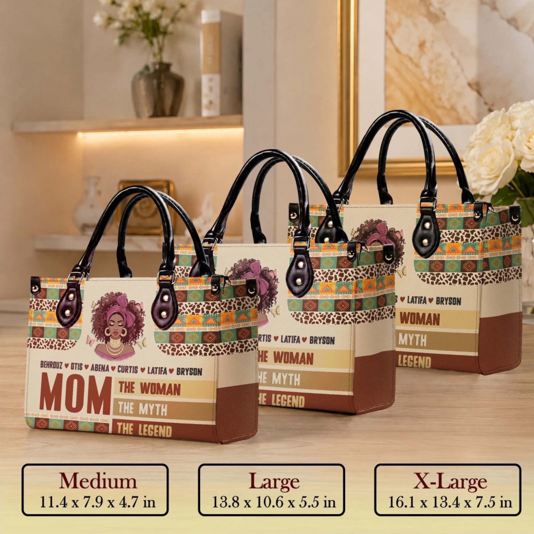 Set of three sizes of custom printed leather handbags for mom featuring African American art, names, and boho geometric patterns.