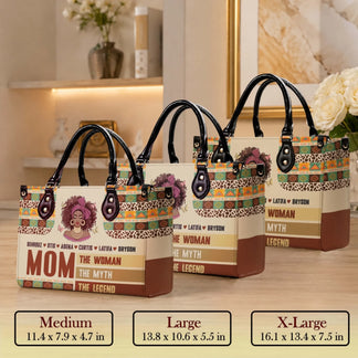 Set of three sizes of custom printed leather handbags for mom featuring African American art, names, and boho geometric patterns.