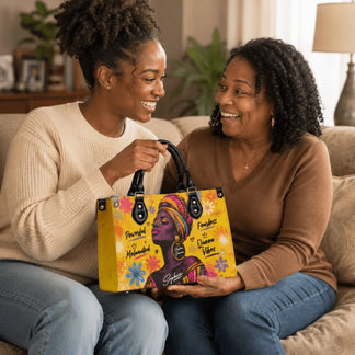 A mother and daughter sharing a heartwarming moment with a personalized melanated queen vibes handbag gift for her