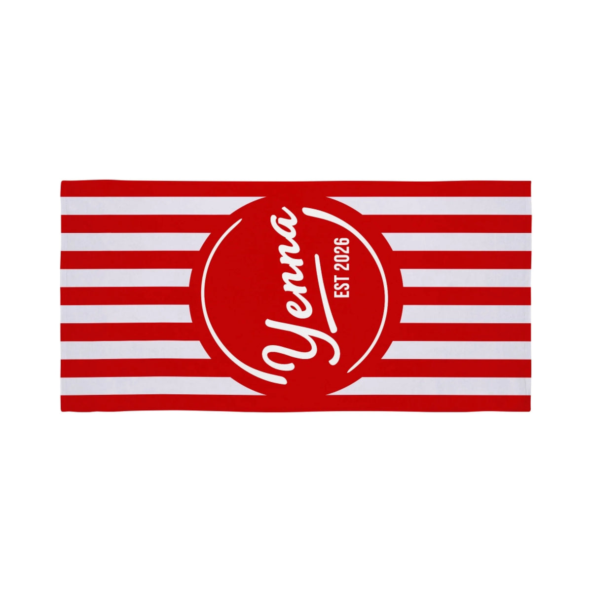 A vibrant red and white striped beach towel personalized with the name Yenna and EST 2026 in a central graphic.