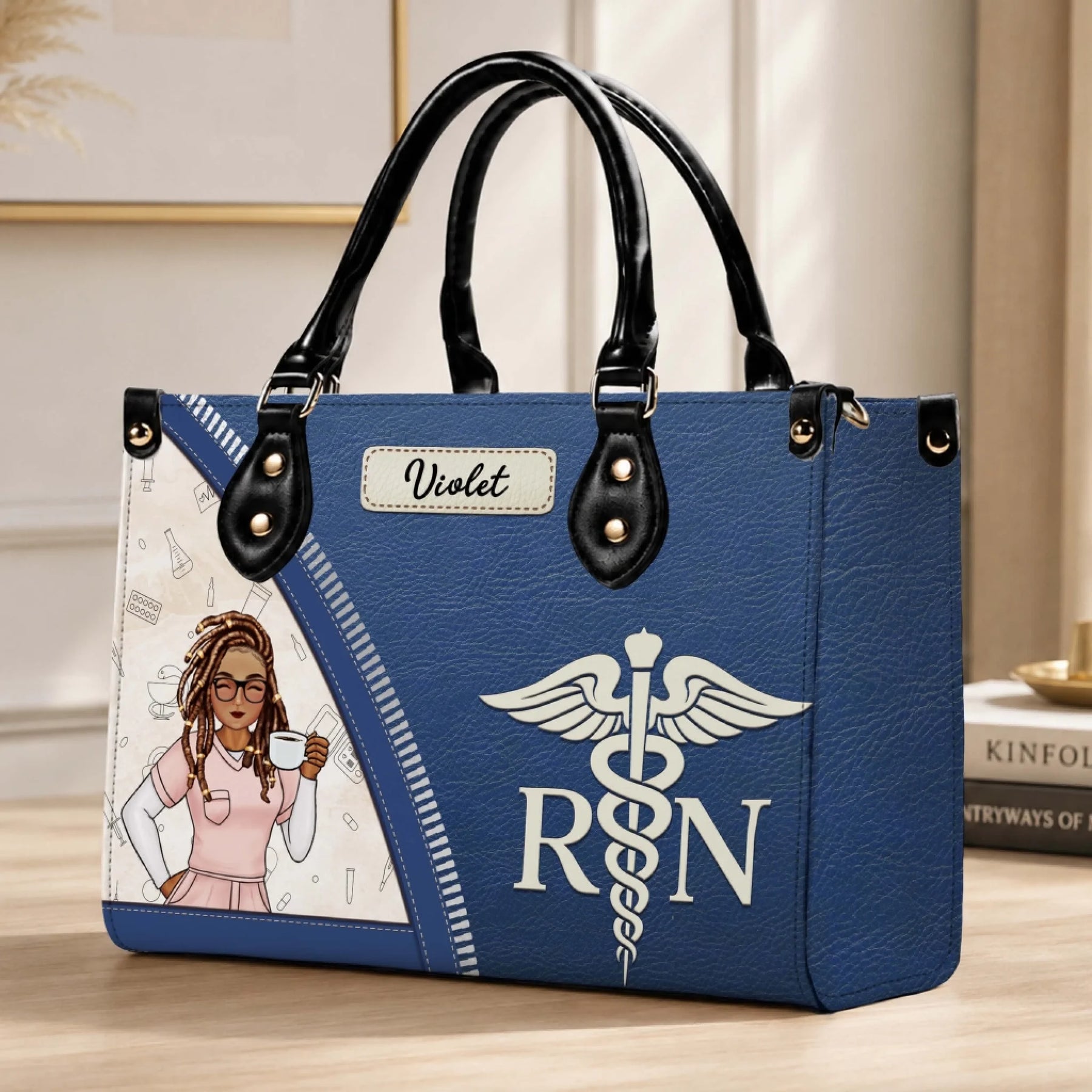 Personalized registered nurse handbag featuring a custom Violet name tag and professional medical design.