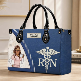 Personalized registered nurse handbag featuring a custom Violet name tag and professional medical design.