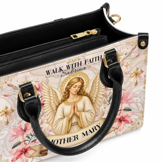 Interior view of personalized angel tote bag showing Mother Mary design and custom faith message for devotees