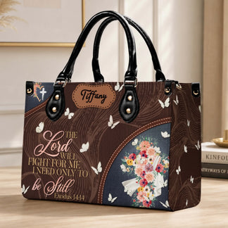 Personalized PU leather handbag with floral design, butterflies, and the bible verse Exodus 14:14 for a religious gift.