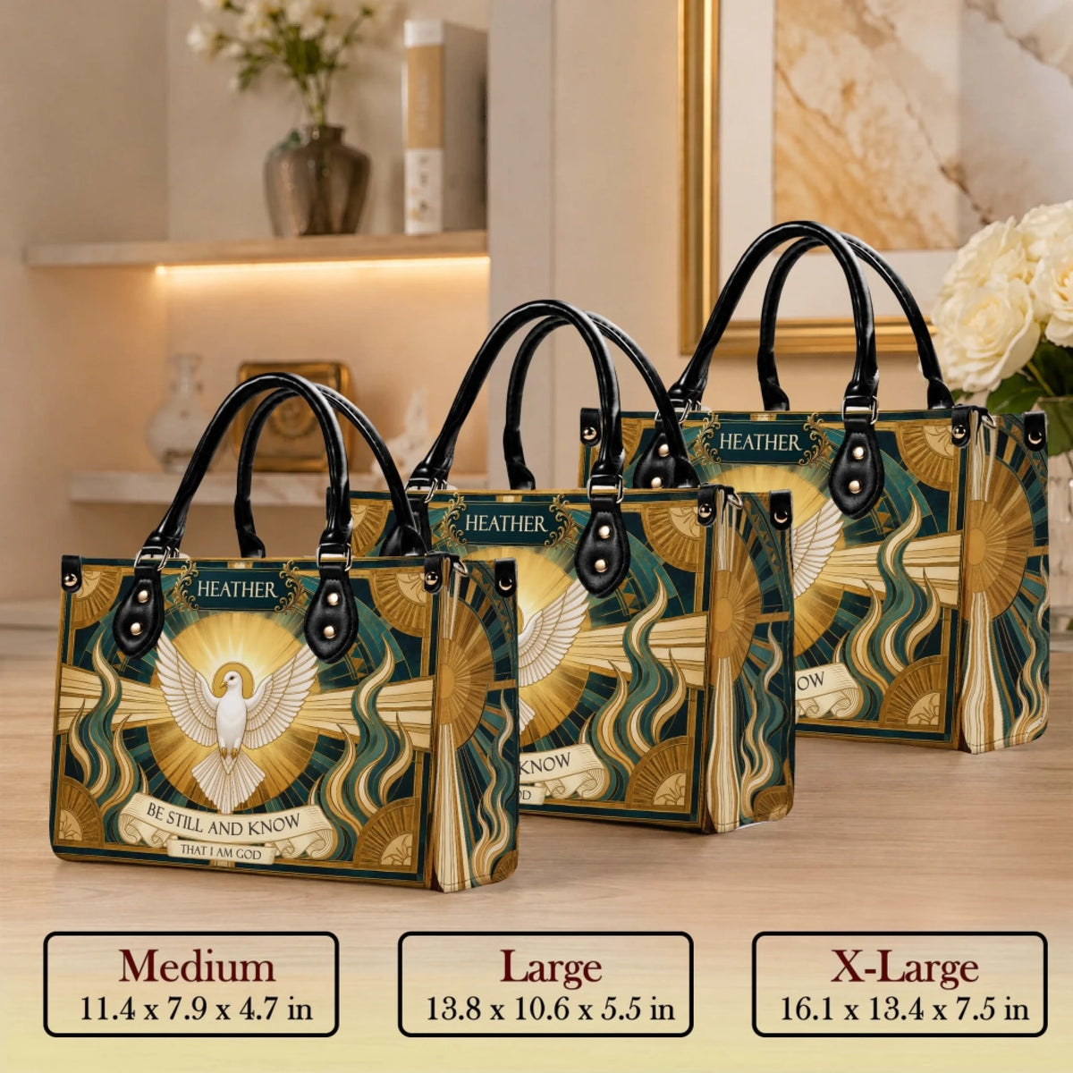 Three different sizes of a religious themed handbag featuring a holy spirit design available in medium, large, and XL.