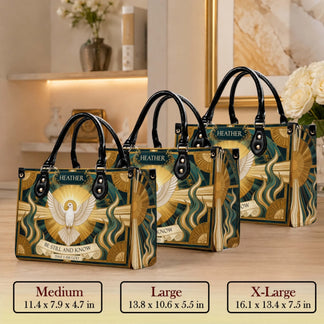 Three different sizes of a religious themed handbag featuring a holy spirit design available in medium, large, and XL.