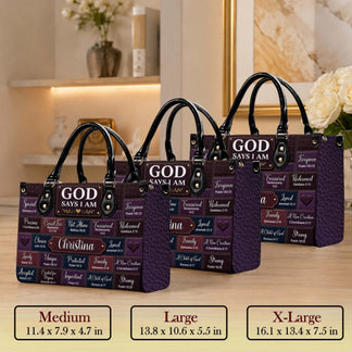 Available sizes for a personalized Christian themed handbag including medium, large, and extra large dimensions.