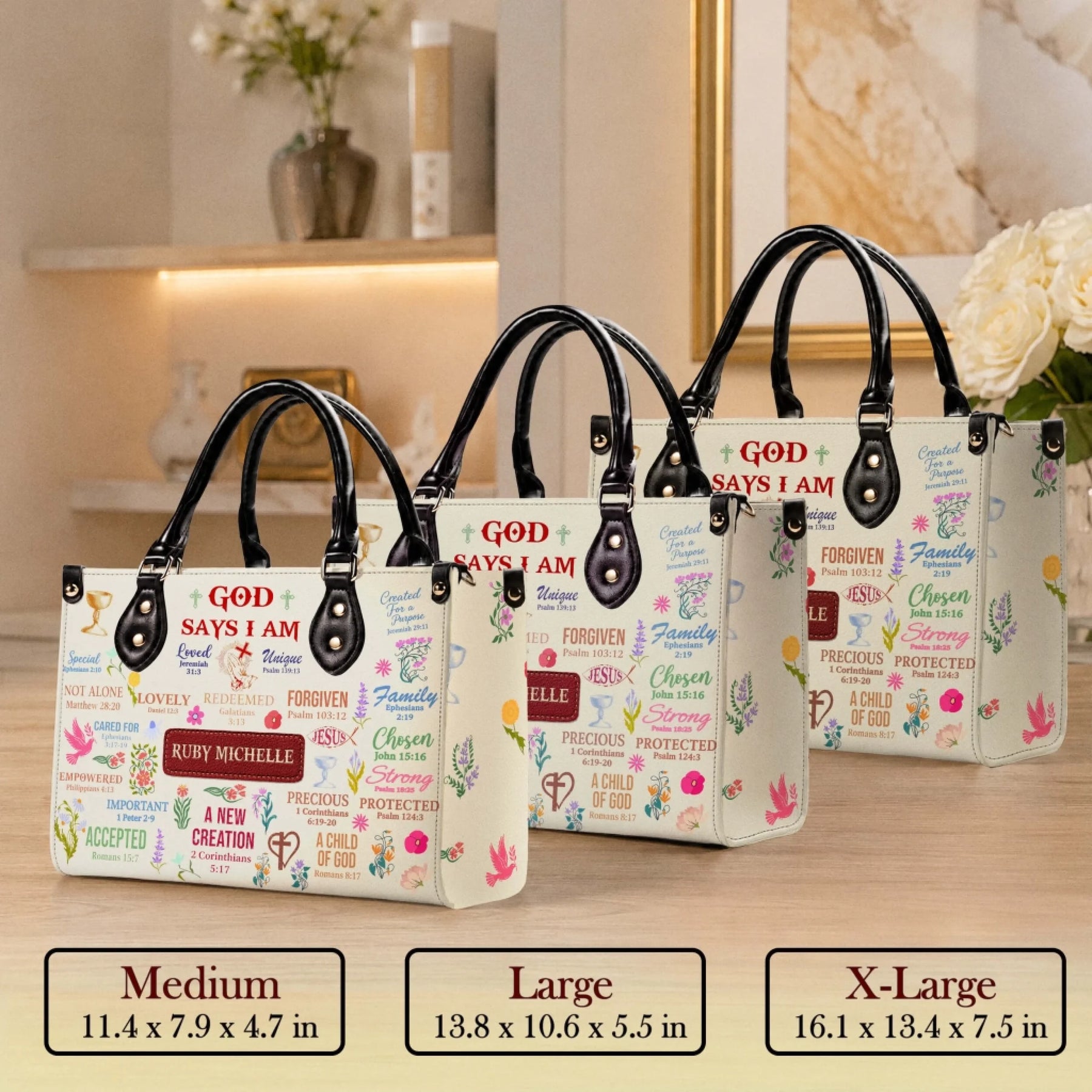 Three sizes of personalized Christian theme handbags displayed with Bible verses and floral patterns for daily use.