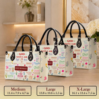 Three sizes of personalized Christian theme handbags displayed with Bible verses and floral patterns for daily use.