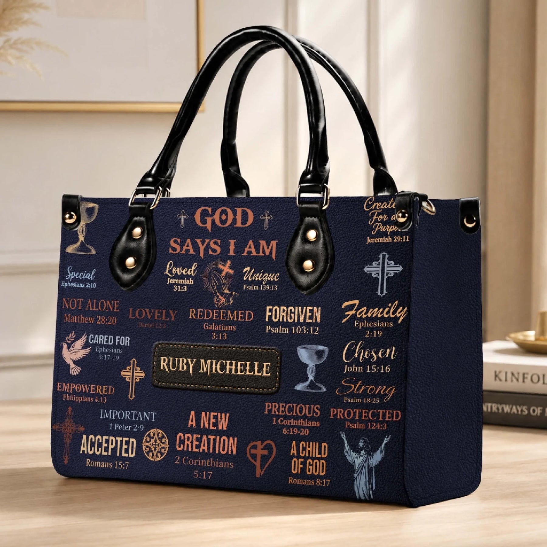 Side view of a personalized leather handbag featuring Christian scripture quotes and a custom name for women.