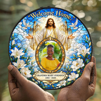 Round religious memorial suncatcher personalized with a photo, Grandma Mary Johnson name, and commemorative dates.