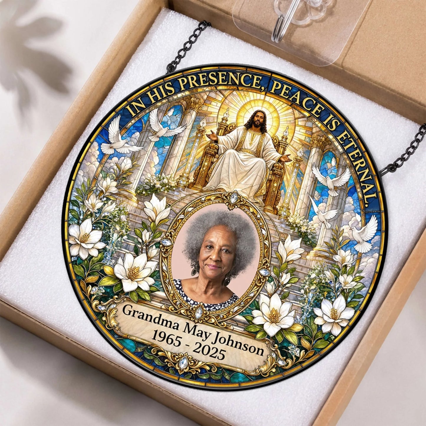 Personalized round acrylic memorial suncatcher in box featuring Grandma May Johnson photo and heaven inspired design.