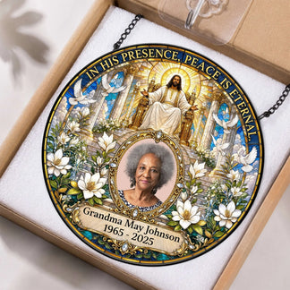 Personalized round acrylic memorial suncatcher in box featuring Grandma May Johnson photo and heaven inspired design.