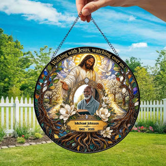 Personalized memorial gift featuring Jesus and a loved one, printed on a circular acrylic suncatcher for home decor.