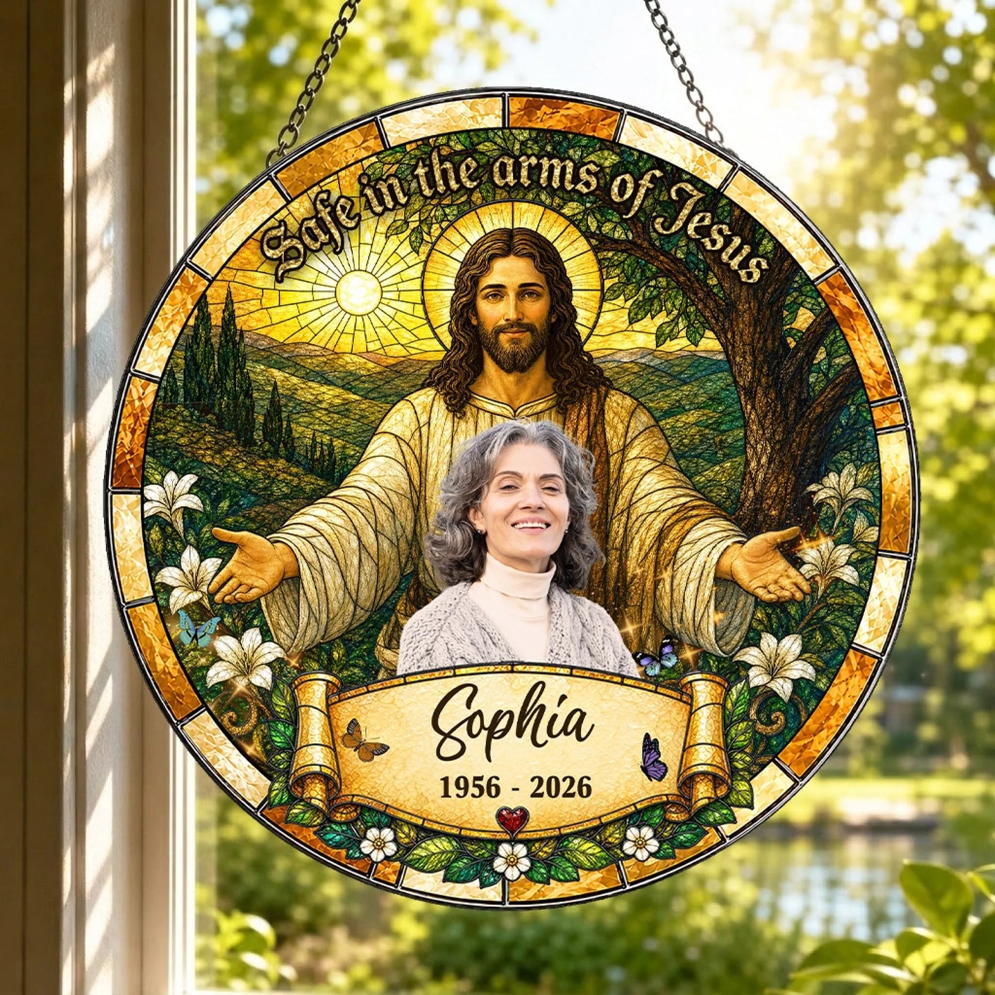 Decorative round stained glass window hanging of Jesus, personalized as a memorial gift for Sophia with dates 1956-2026.