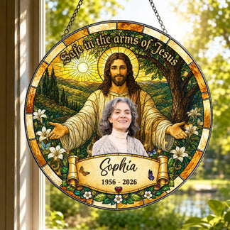 Decorative round stained glass window hanging of Jesus, personalized as a memorial gift for Sophia with dates 1956-2026.
