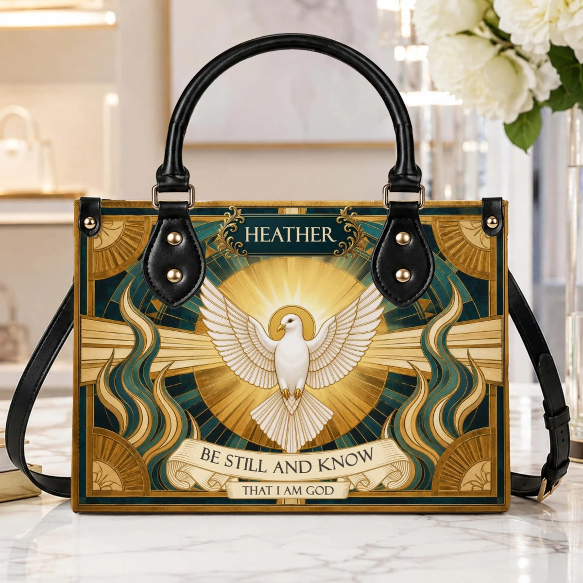 Christian themed tote bag with custom name Heather featuring a dove and gold sunburst design in a luxury setting.