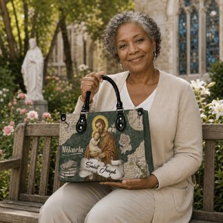 Personalized religious handbag showcasing Saint Joseph with the Christ Child ideal for faith based birthday gifts.