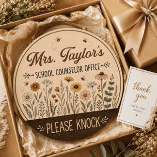 Personalized wooden sign for Mrs Taylor school counselor office presented in a gift box with a thank you note.