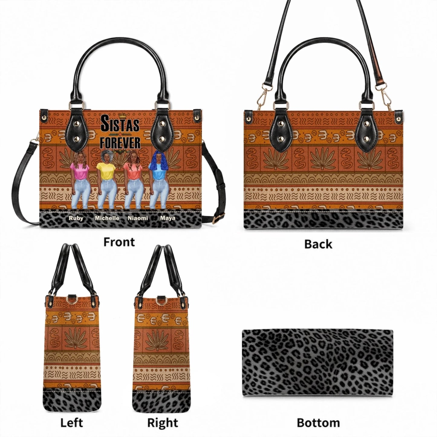Detailed views of a custom Sistas Forever handbag showing the front back side and bottom designs for personalized gifting.