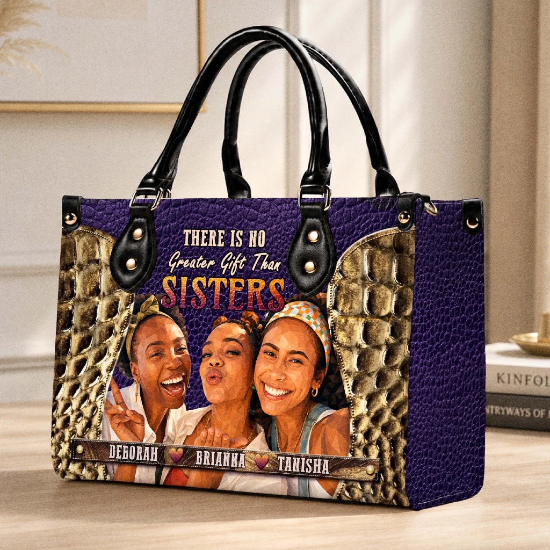 A beautiful personalized handbag with a custom sisters photo and names printed on a purple textured background.
