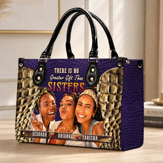 A beautiful personalized handbag with a custom sisters photo and names printed on a purple textured background.