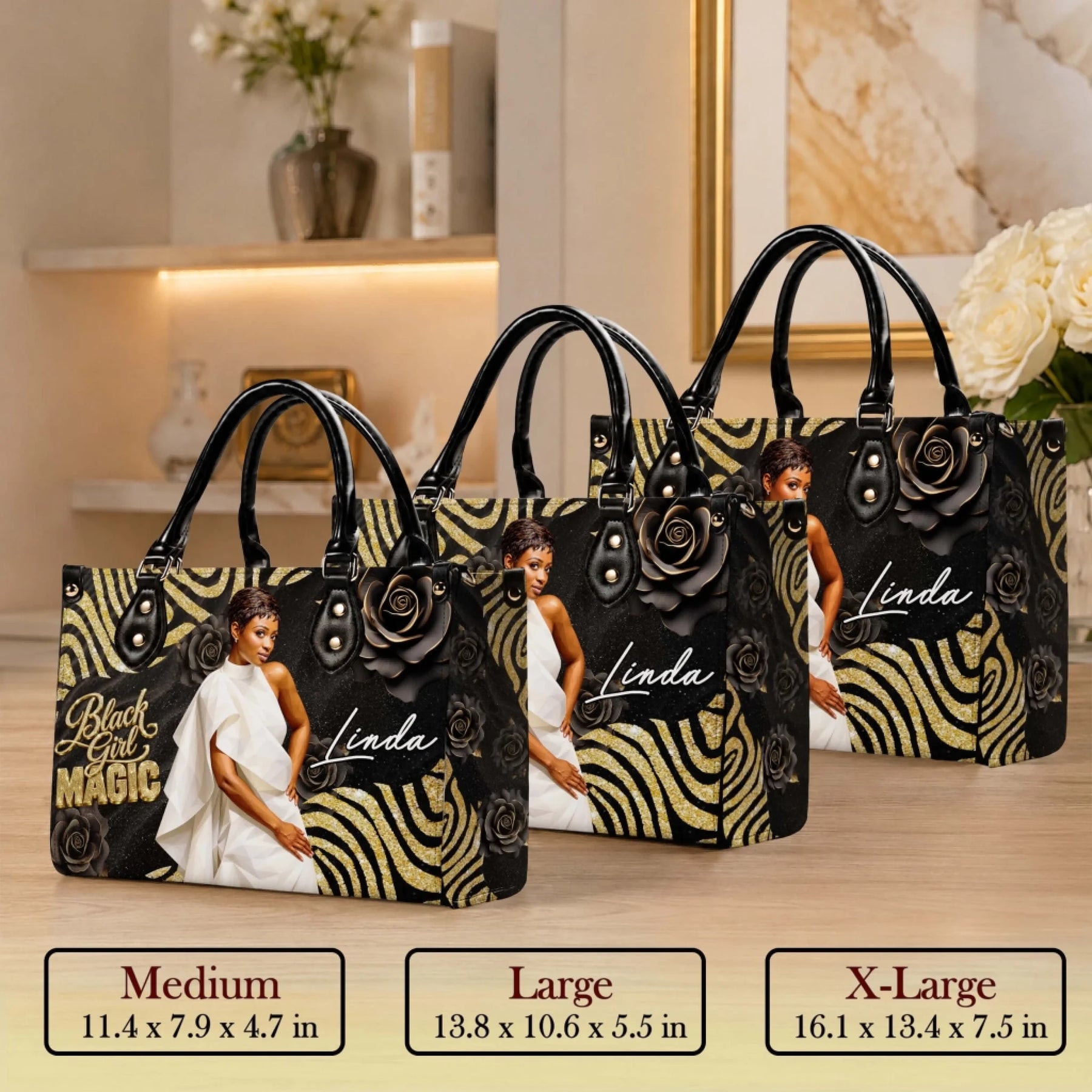 Set of personalized Black Girl Magic tote bags in various sizes with custom name Linda and elegant rose accents.