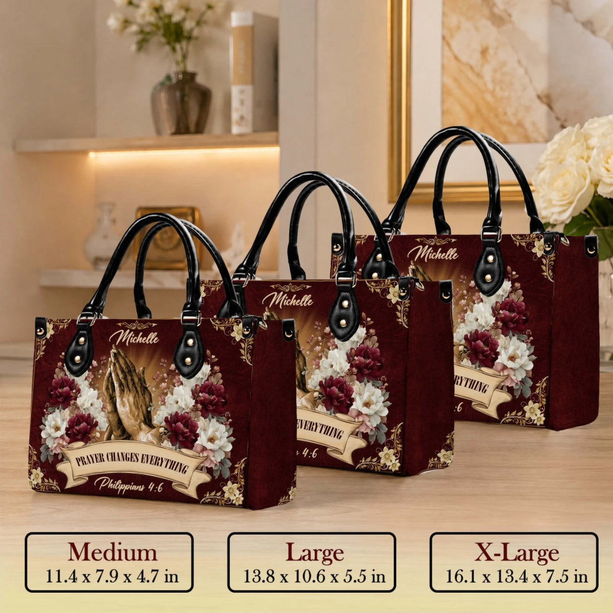 Custom sized Christian themed handbags with floral praying hands design available in medium large and extra large.