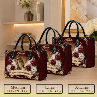 Custom sized Christian themed handbags with floral praying hands design available in medium large and extra large.
