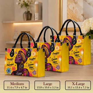 Set of three custom size handbags for women featuring a black woman art design and inspiring queen vibes quotes.